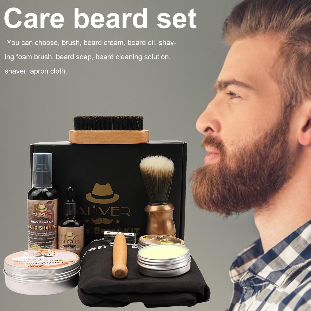 Men Beard Care Suit Complete Grooming Kit with Brush Oil Balm Shaving Set Shampoo and Gift Box