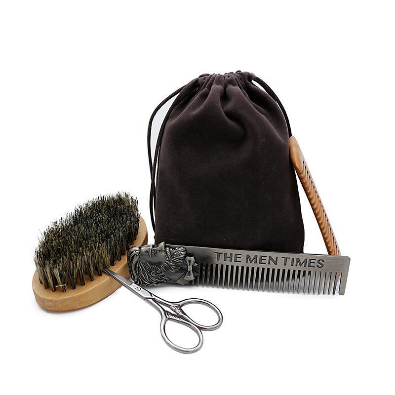 Beard Care and Grooming Set Zinc Alloy Stainless Steel Wood Boar Bristle Brush Scissors Double Sided Comb Durable Travel Friendly Kit