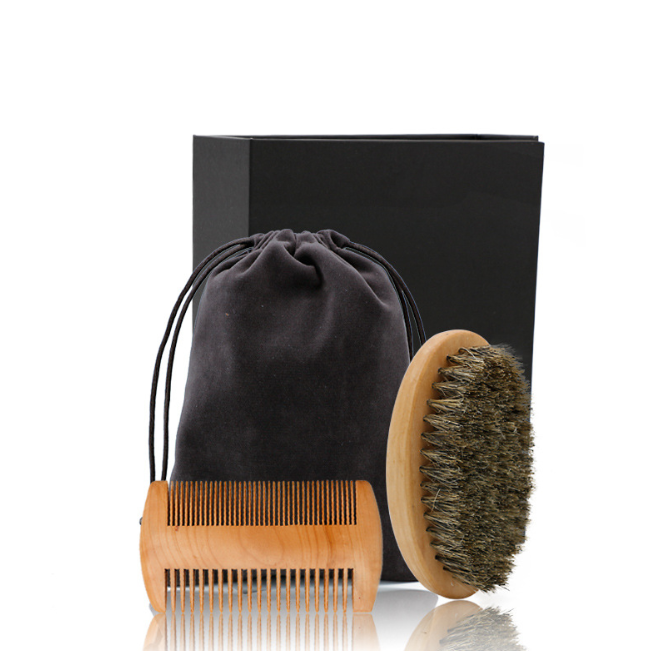 Men Beard Care Set Double Sided Wooden Comb and Oval Brush Optional Cloth Bag 80g