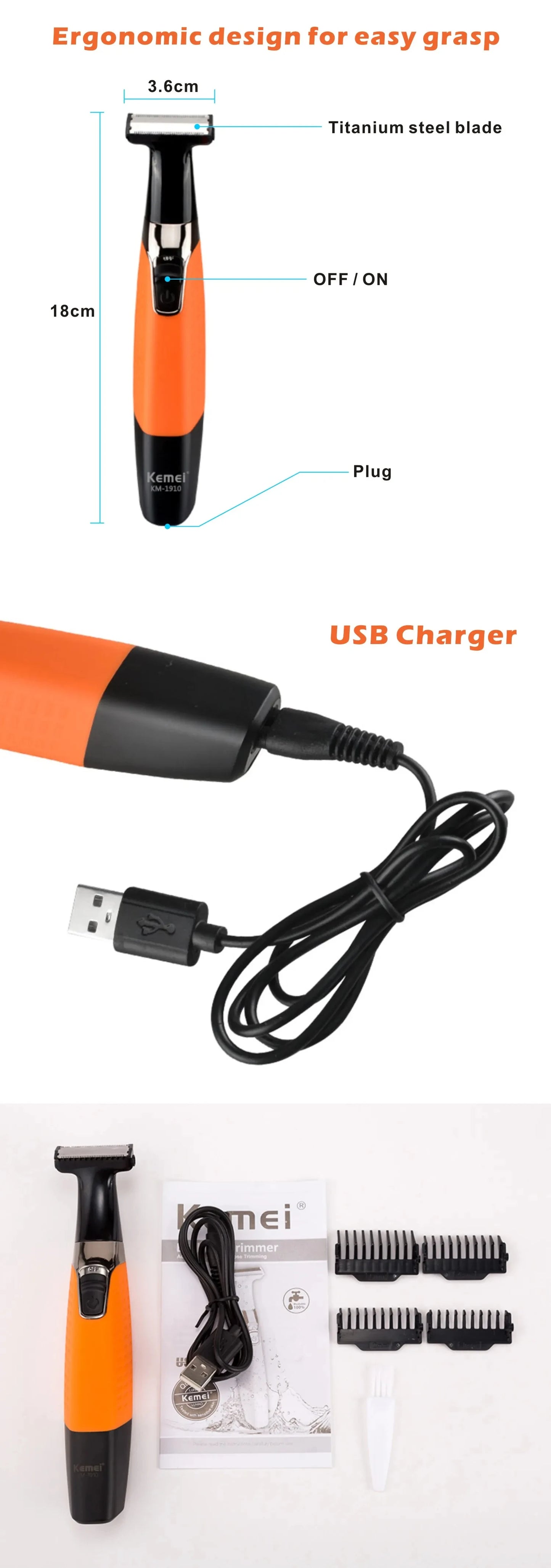 Kemei KM-1910 Waterproof Electric Shaver Eyebrow Trimmer