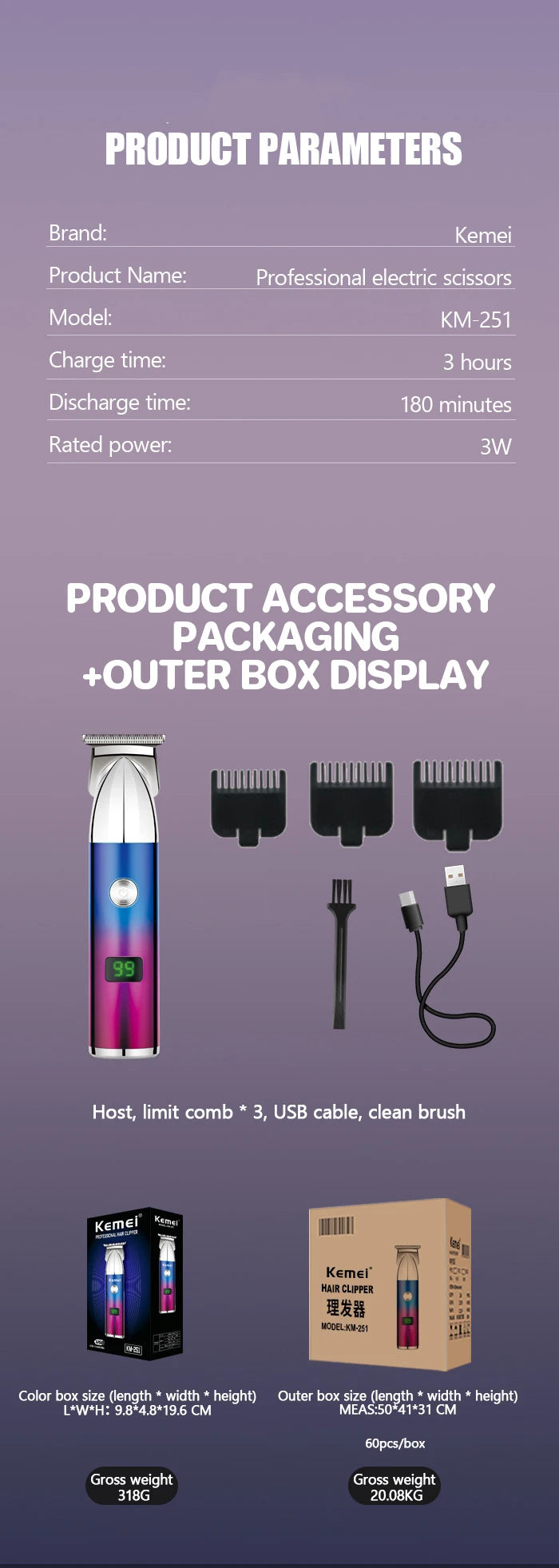 Kemei Professional Beard Trimmer for Men Rechargeable Shavers