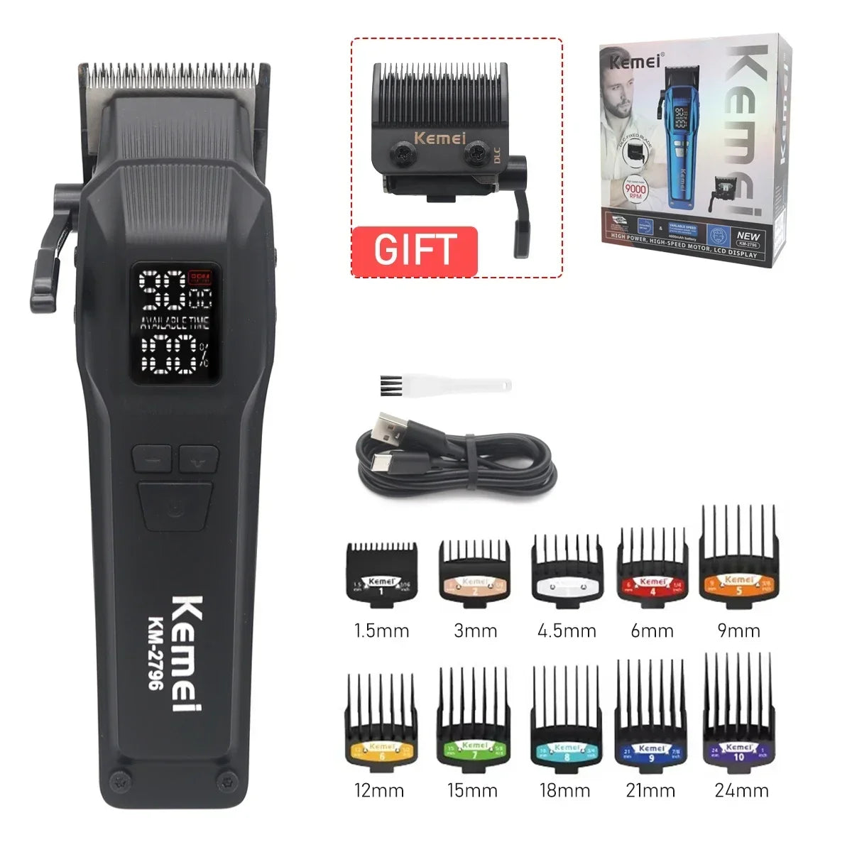 Kemei KM-2796 9000RPM Brushless Motor DLC Blade LCD Hair Cutting