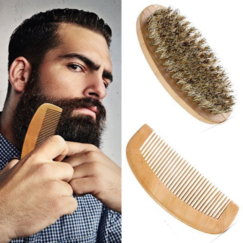 2 Pieces Mens Beard Care Set Boar Bristle Beard Comb Grooming Kit