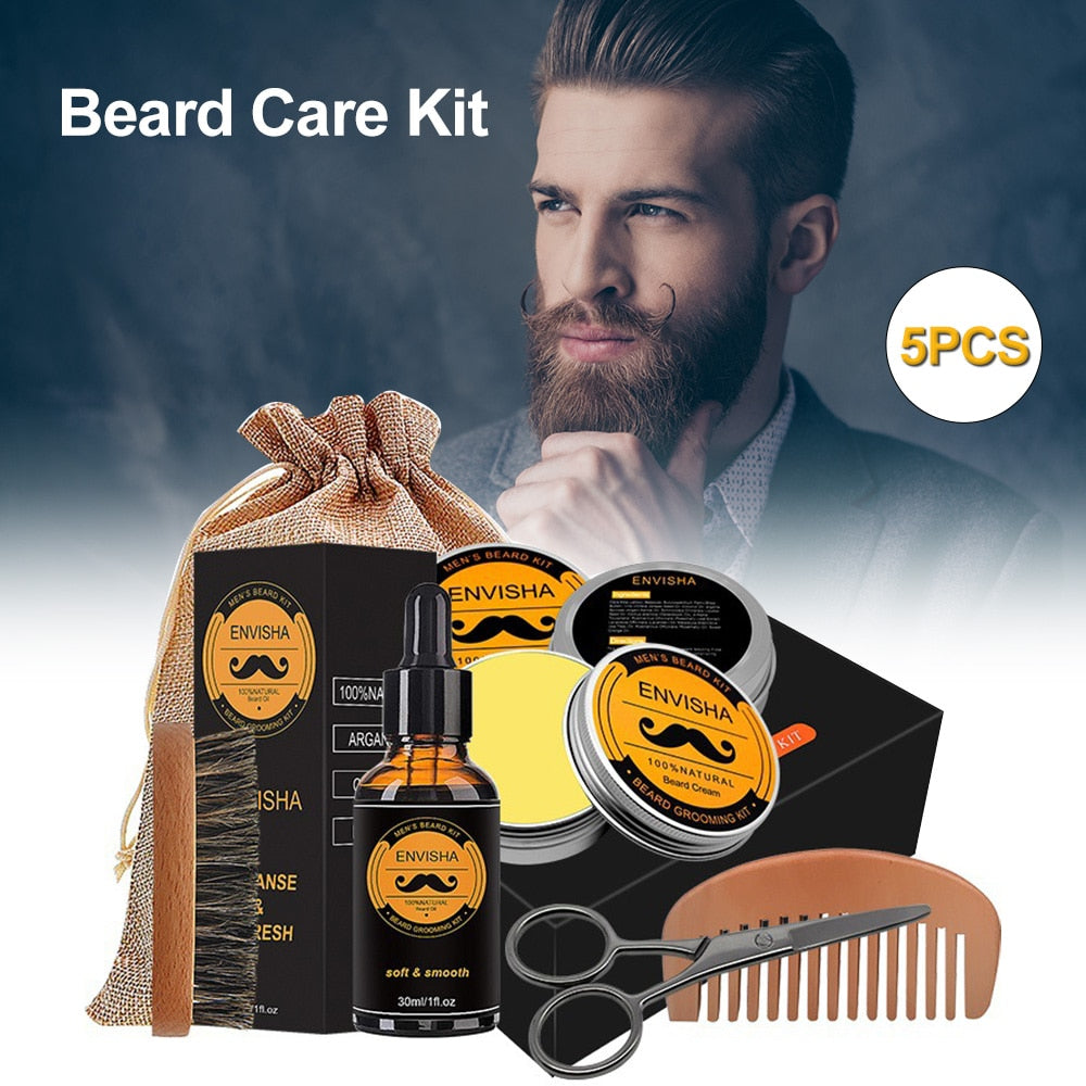 Men Beard Grooming Kit 5 Piece Set Oil Balm Wax Comb Essence Moisturizing Styling by DearBeauty