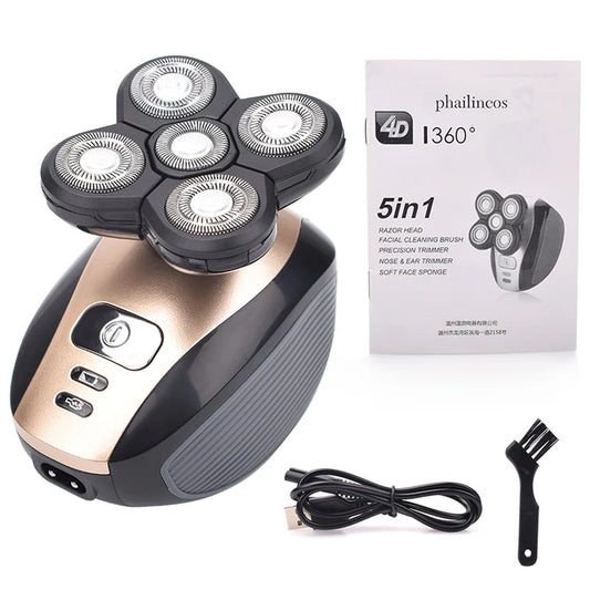 5 In 1 Men Rechargeable 4D Bald Head Electric Shaver 5 Floating Heads