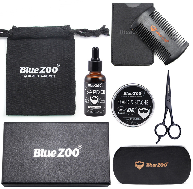 Black Bluezoo Beard Set Beard Oil Beard Wax Double Side Comb Brush Bag Small Scissors 7 Piece Set
