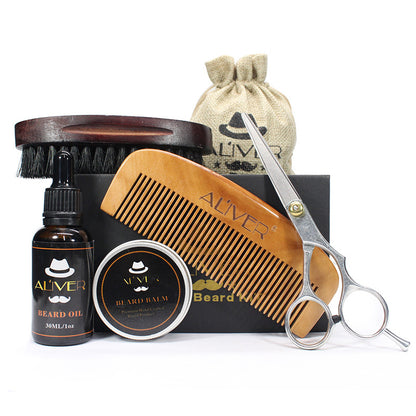 Beard Set Five-Piece Care Tool Beard Cream Beard Oil Comb Brush Scissors