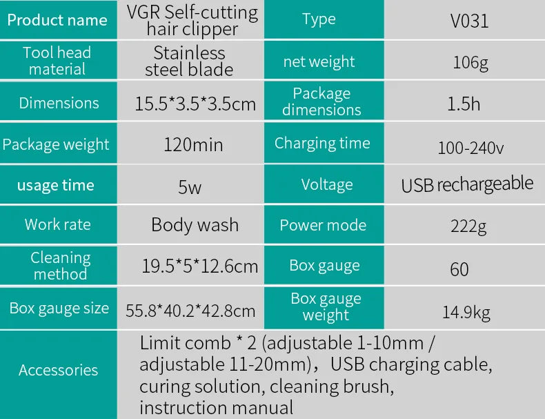 VGR 031 Hair Clipper Professional Self-Cutting  Barber Trimmer VGR V031