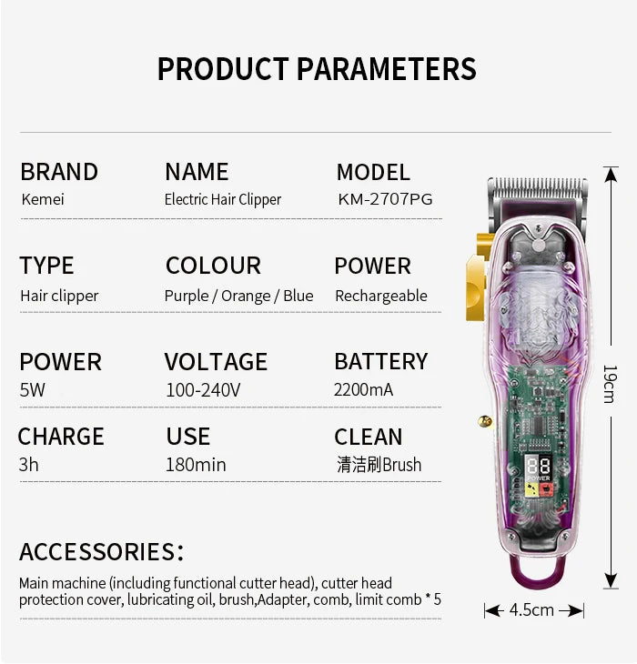 Kemei 2707 New Transparent Cover Hair Clippers Barber Shop