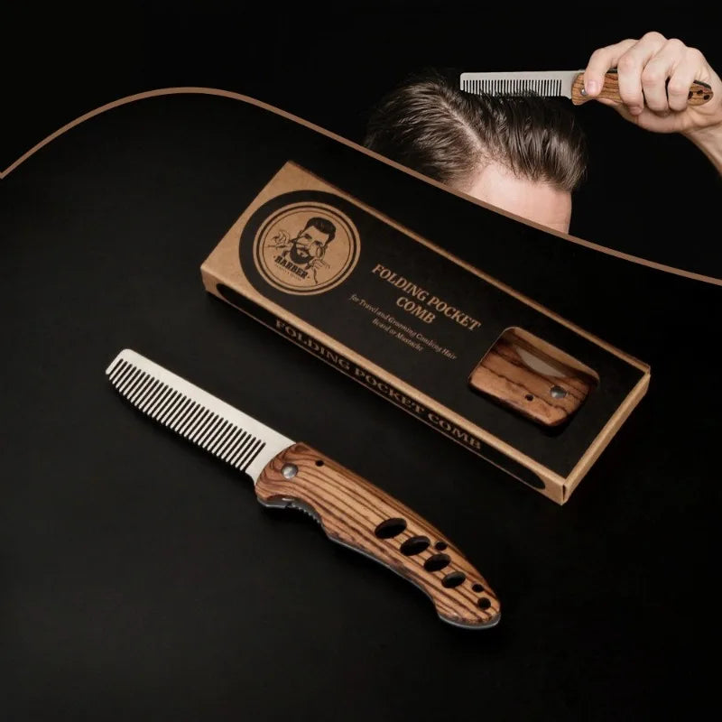 Solid Wood & Metal Folding Beard Comb for Men
