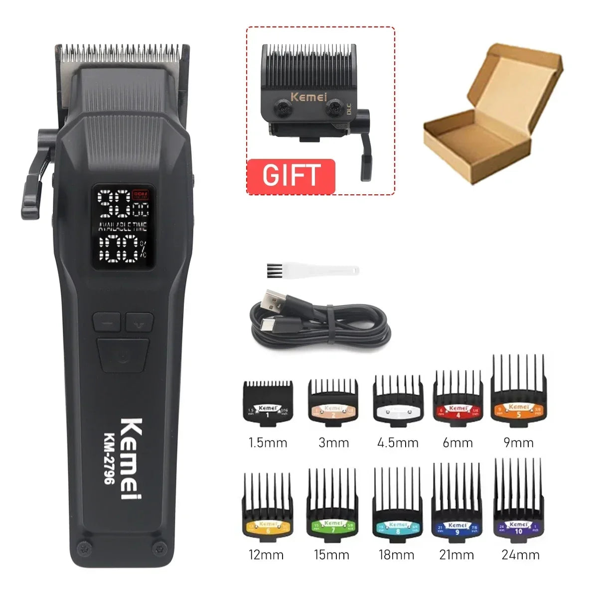 Kemei KM-2796 9000RPM Brushless Motor DLC Blade LCD Hair Cutting