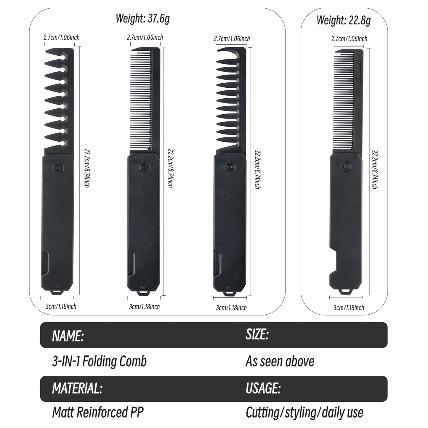 3 in 1 Pocket Folding Combs Plastic Wide Tooth Head Comb