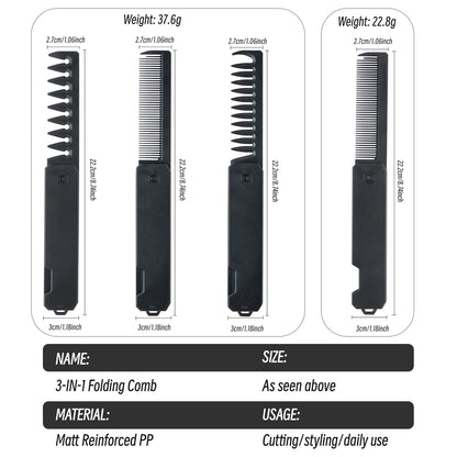 3 in 1 Pocket Folding Combs Plastic Wide Tooth Head Comb