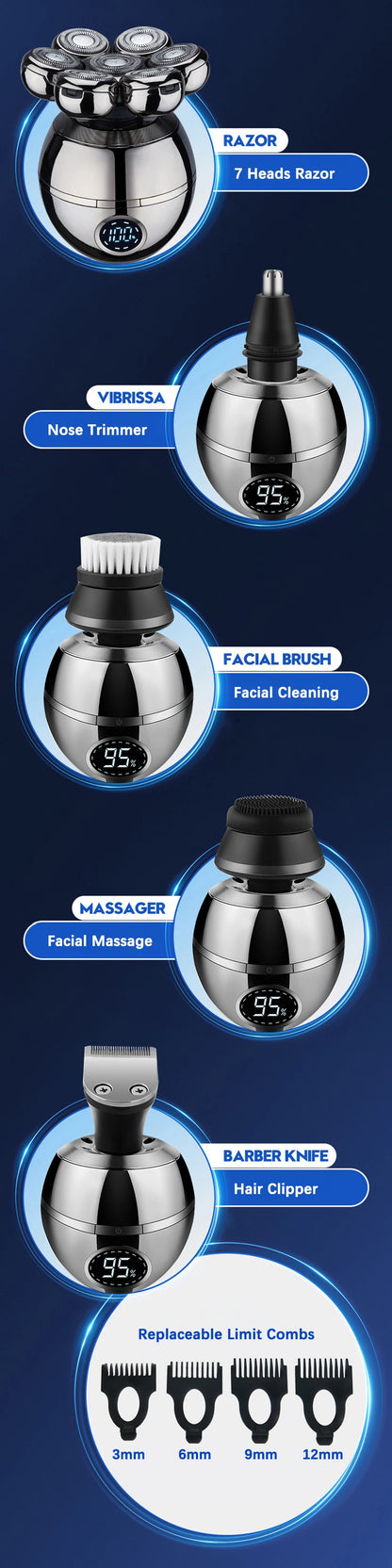 Electric Shaver 7D Floating Cutter Head Base Beard Trimmer