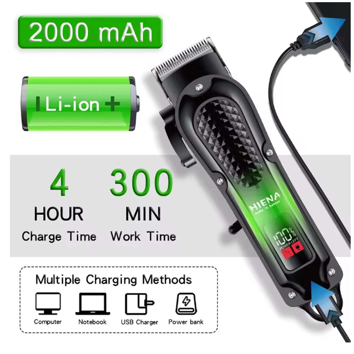 hiena Hair Clipper Barber Professional Cordless Trimmer HYN-212
