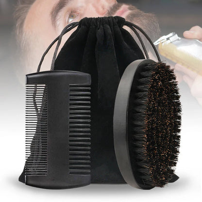 Professional Soft Boar Bristle Wood Beard Brush Comb Set