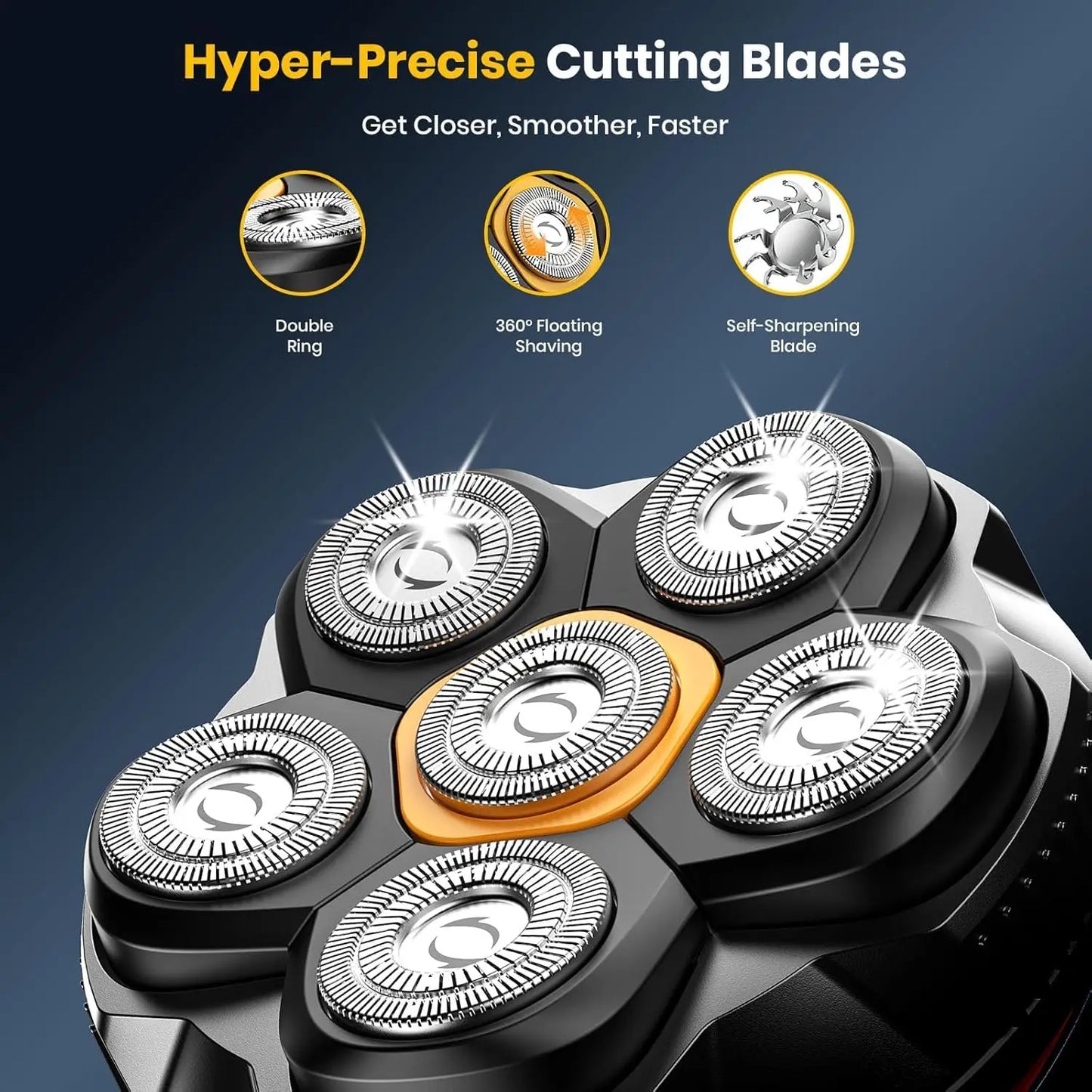 6D Electric Head Shaver for Bald Men IPX7 Waterproof Cordless