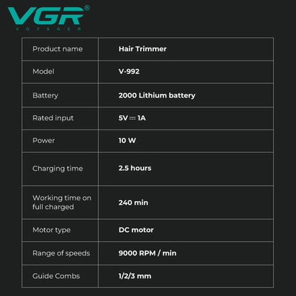 VGR Hair Clipper Professional Hair Cut Machine Electric Clipper