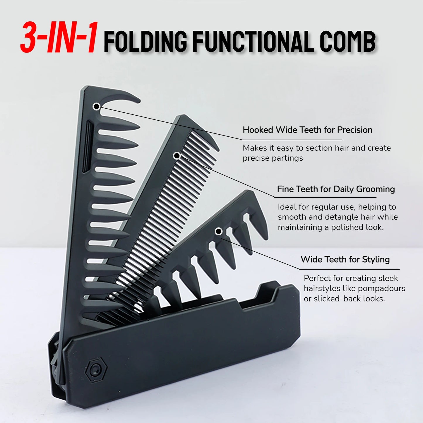 3 in 1 Pocket Folding Combs Plastic Wide Tooth Head Comb