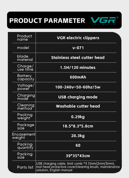 VGR  071 T-blade cutting machine barber rechargeable trimmer