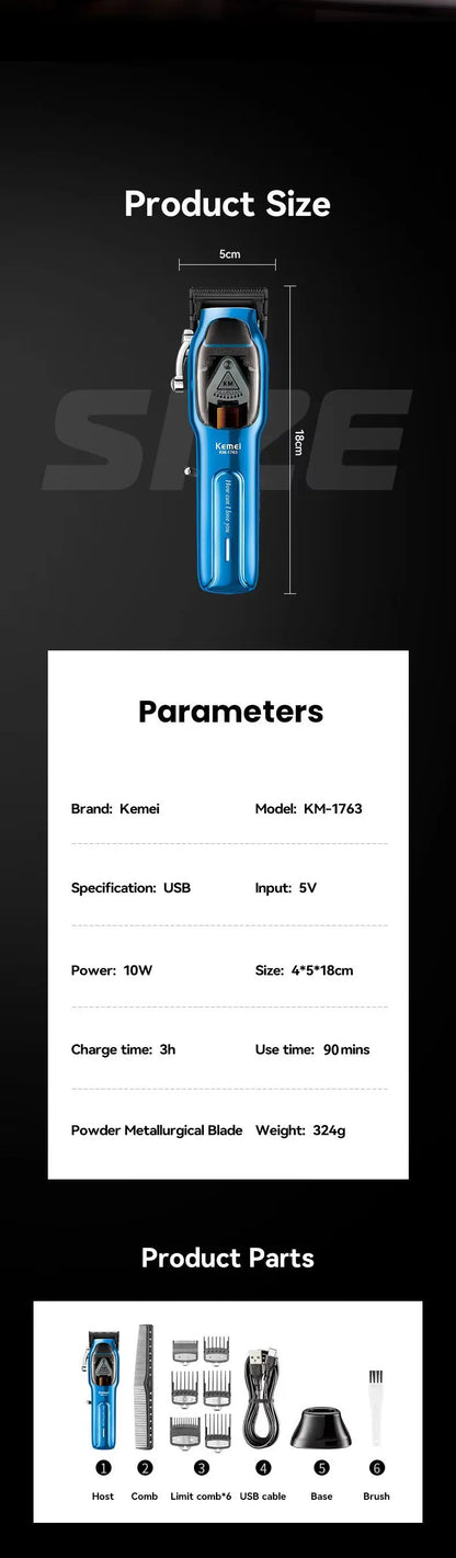 KM-1763 9000rpm Pro Hair Clipper 10W Big Power Cordless