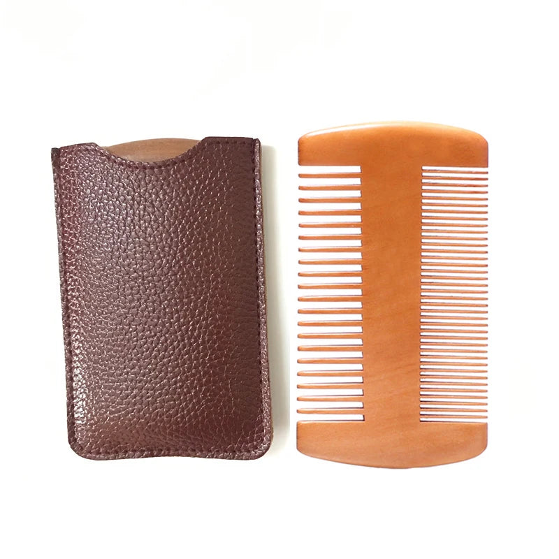 Natural Wood Hair Brush Beard Comb with PU Leather Case
