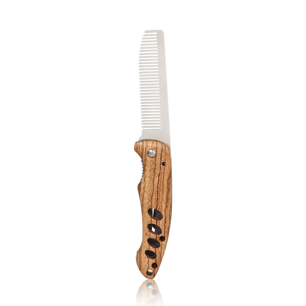 Solid Wood & Metal Folding Beard Comb for Men