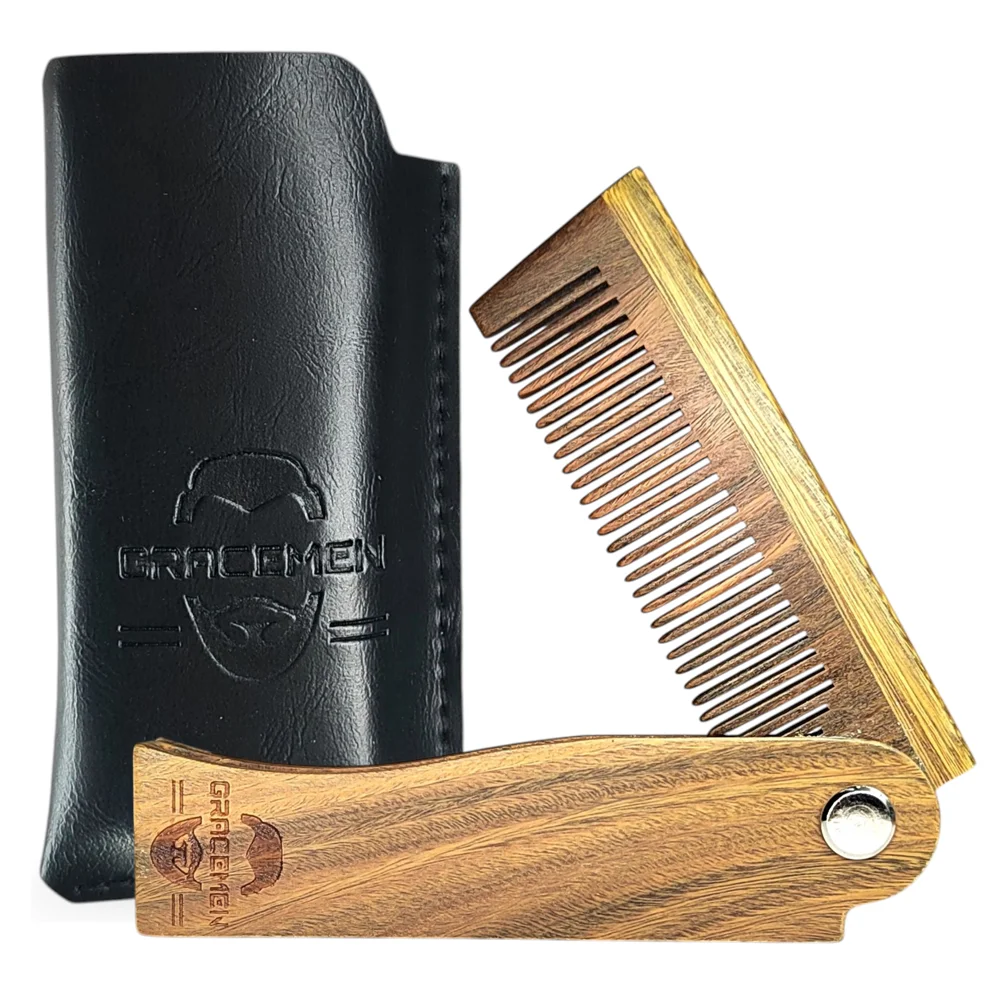 Foldable Comb with PU Case Natural Dark Sandalwood