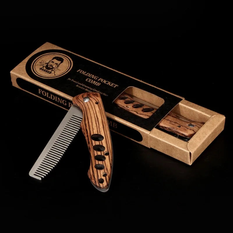 Solid Wood & Metal Folding Beard Comb for Men