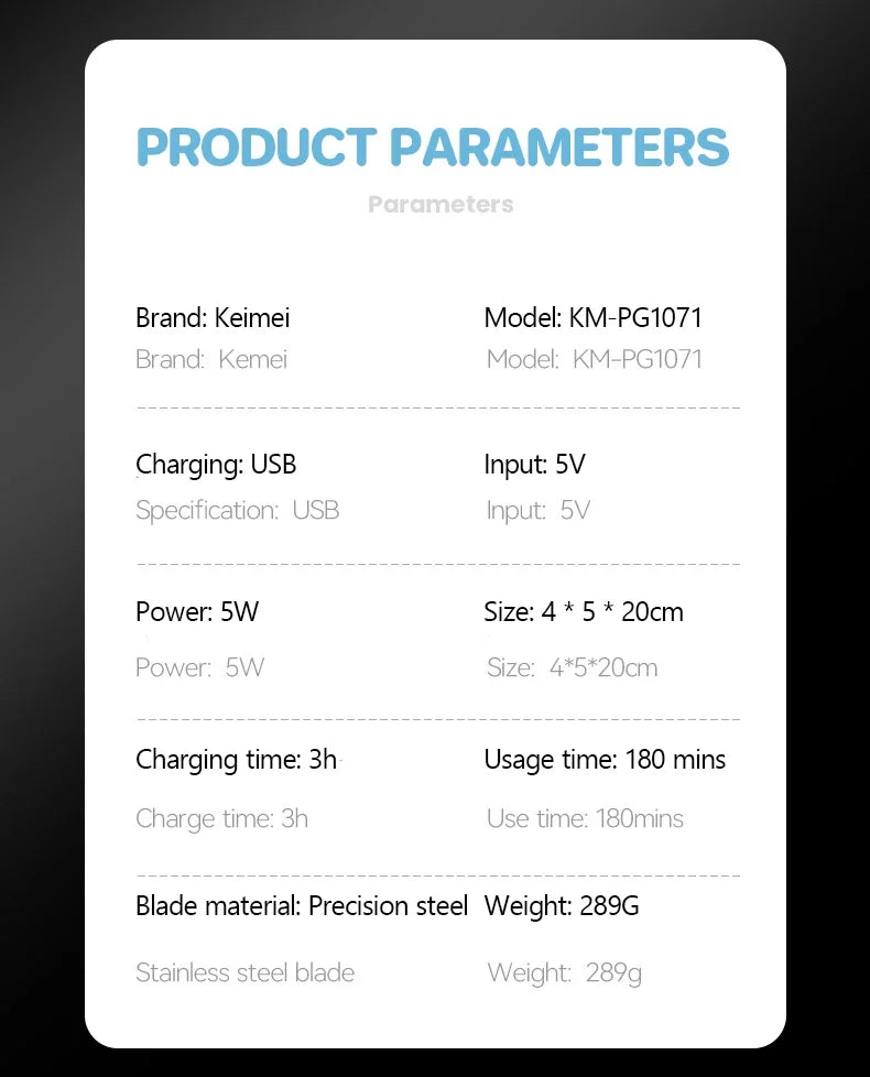 KM-PG1071 Electric Hair Clipper UBS Cordless Beard Trimmer