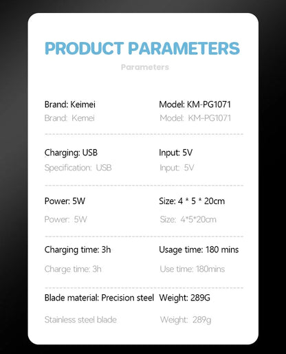 KM-PG1071 Electric Hair Clipper UBS Cordless Beard Trimmer