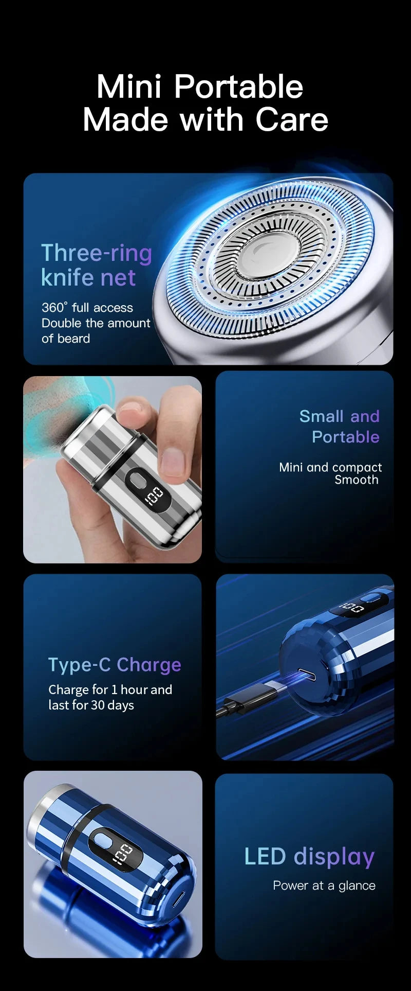Mini Electric Shaver USB-C Rechargeable Shaver  Cordless Shaver