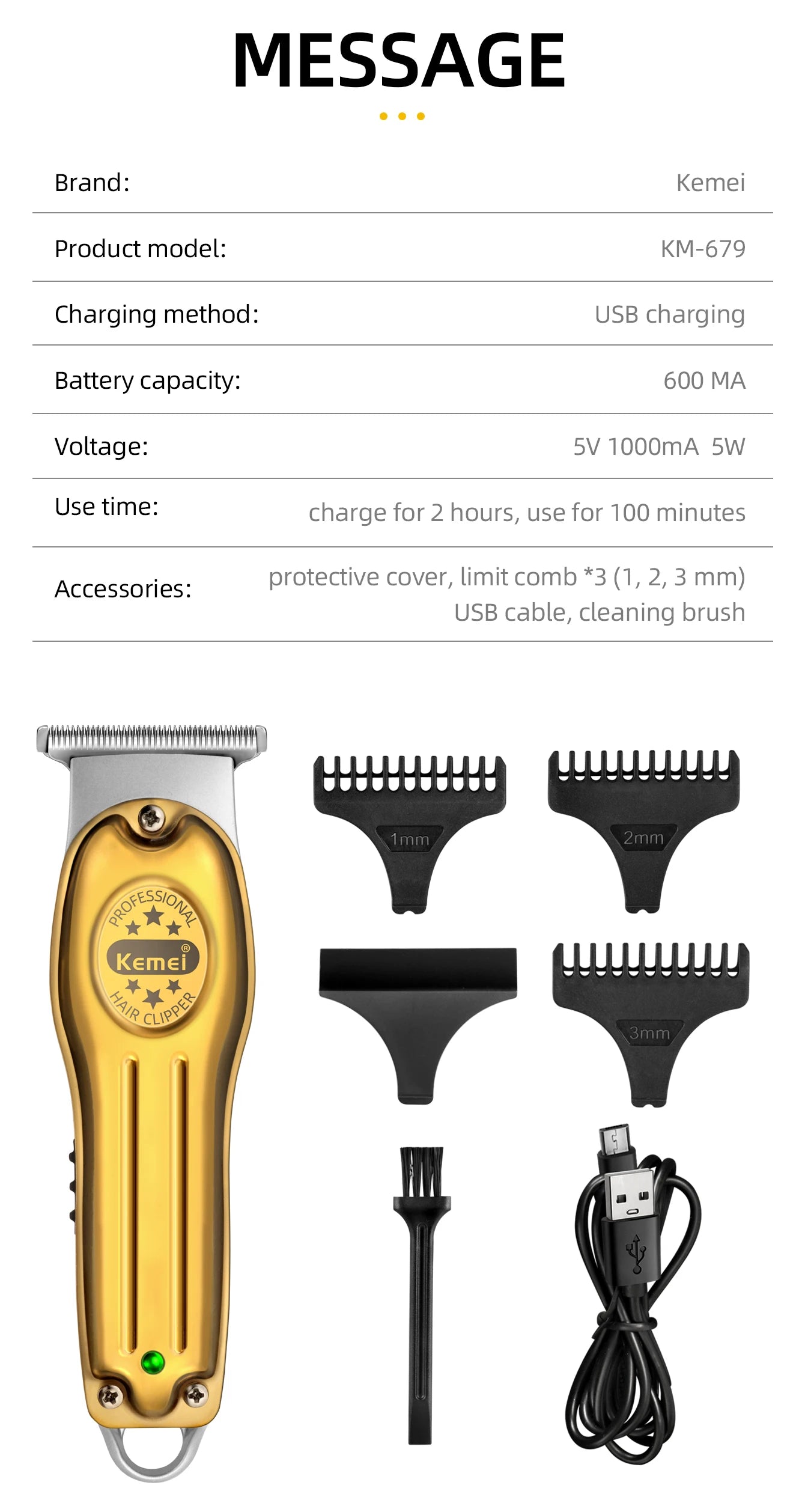 Kemei Professional Hair Trimmer Electric Hair Clipper Bareheaded