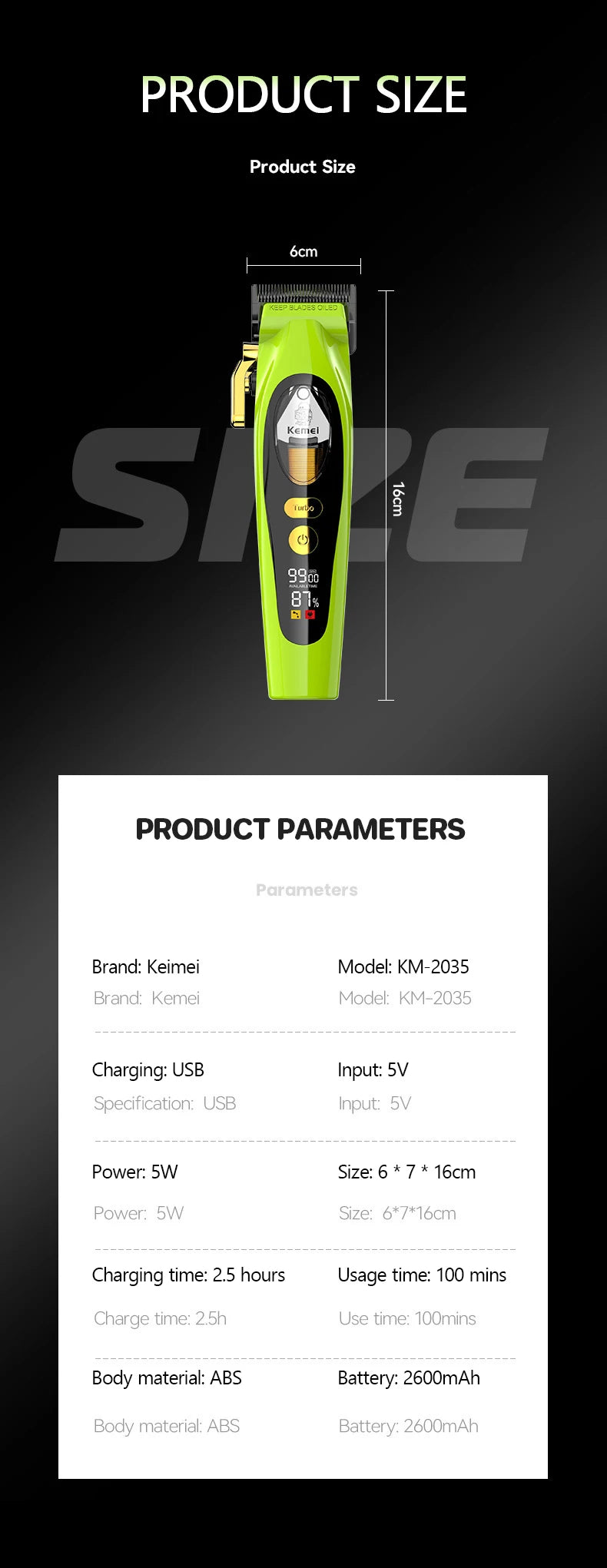 Kemei 2035 Hair Clipper Barber Professional Beard Hair Trimmer
