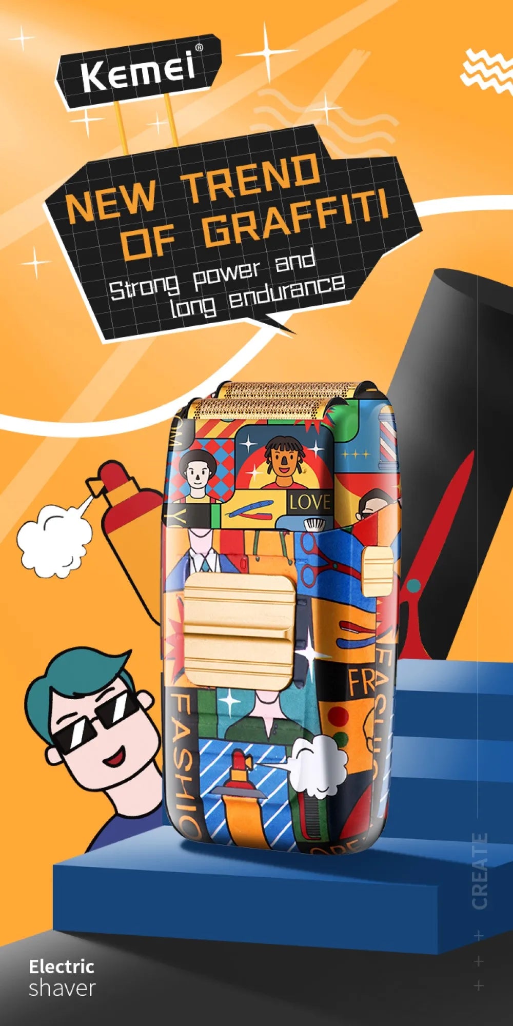 Kemei Professional Men Barber Hair Clipper Fashion Graffiti