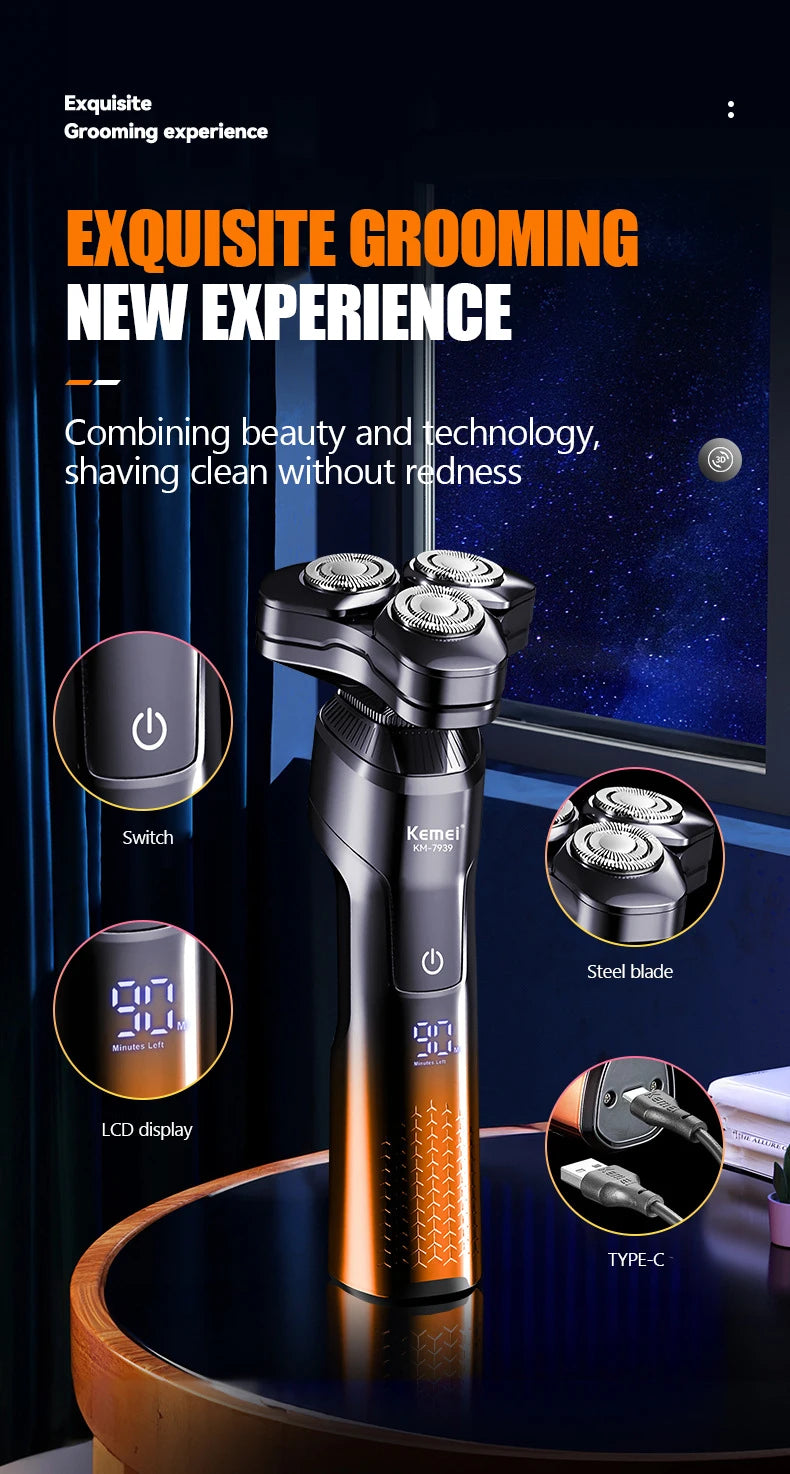 KEMEI Electric Shaver Rotary Beard Trimmer Hair Cutting Shaving