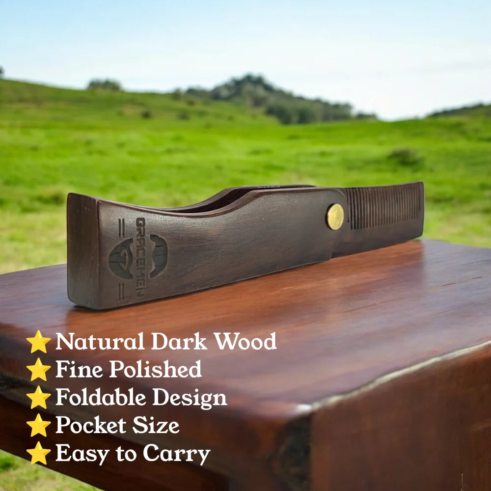 Foldable Comb with PU Case Natural Dark Sandalwood