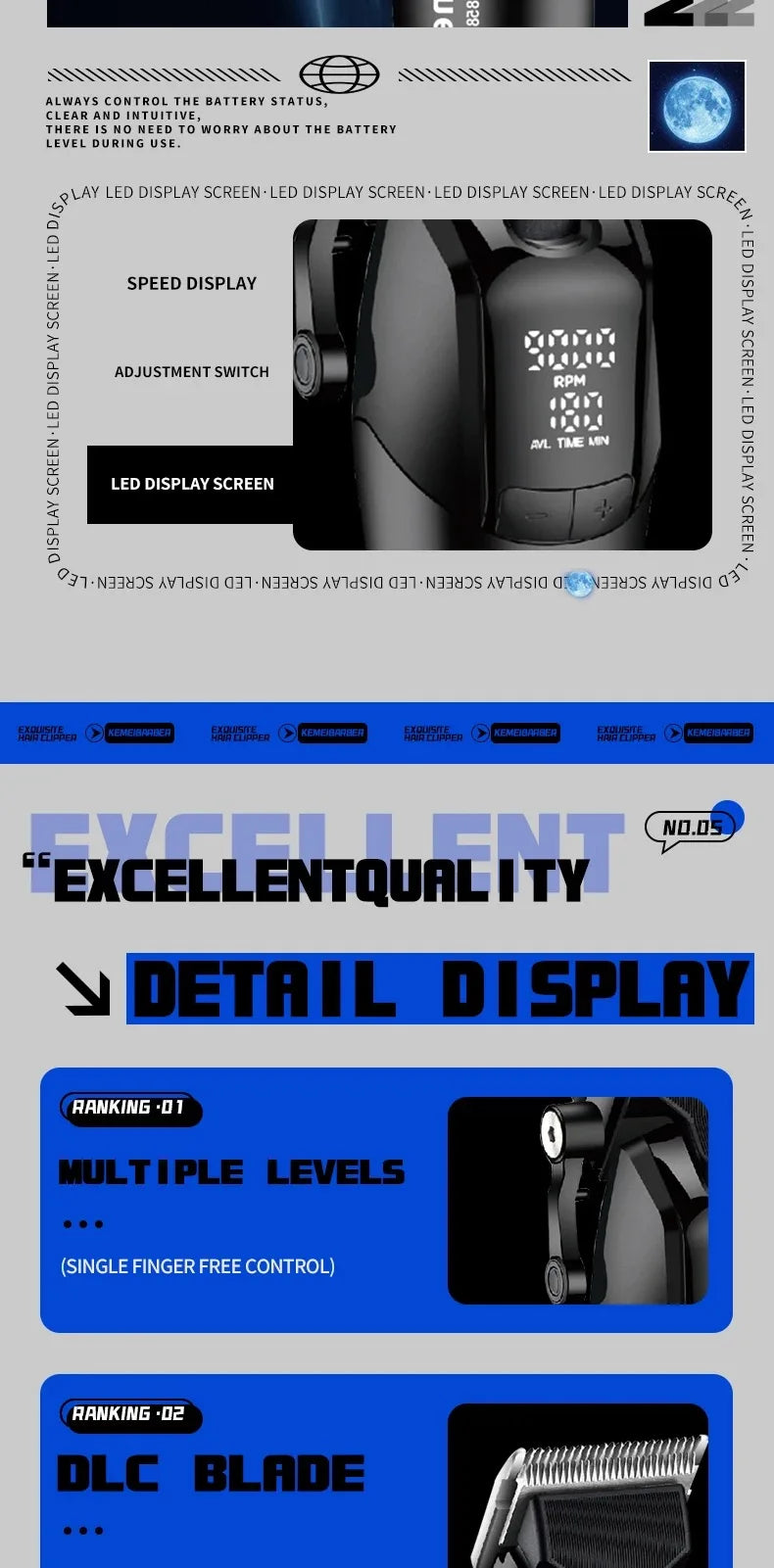 Kemei Professional Barber Hair Clippers Rechargeable Cordless