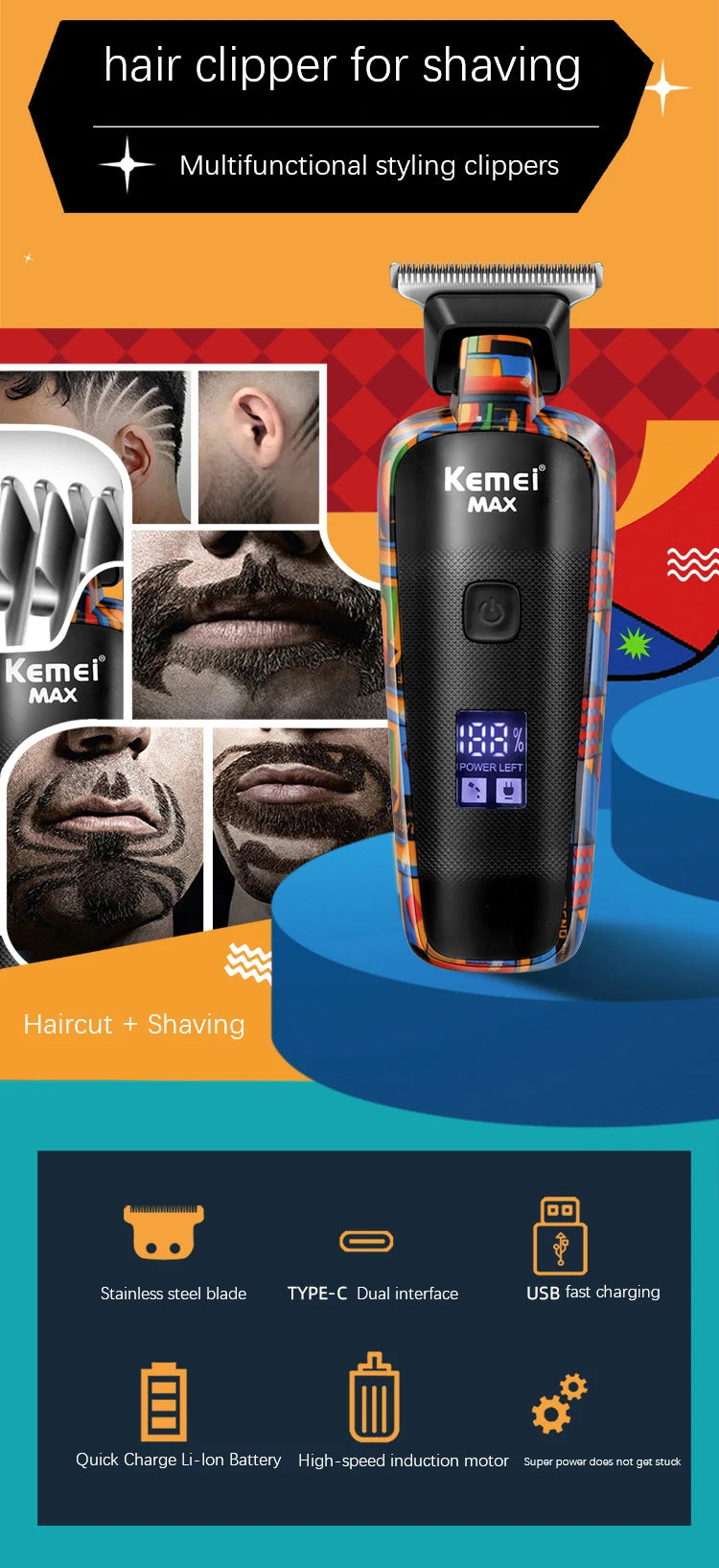 Kemei Graffiti Electric Hair Clipper Kit Men's Electric Shaver