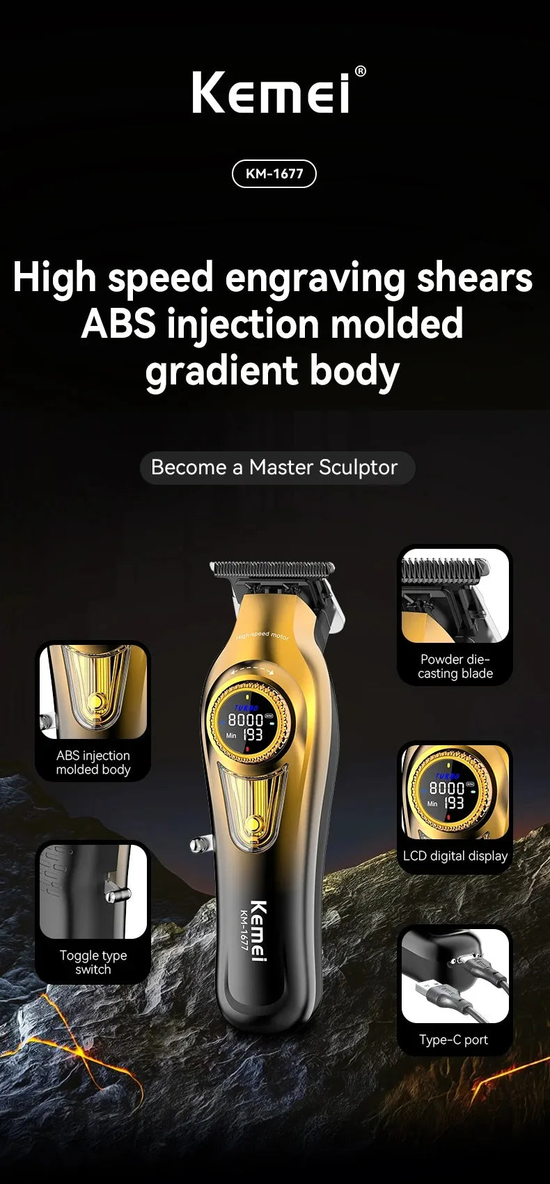 Kemei Rechargeable Barber Hair Clippers Electric Cordless KM-1677