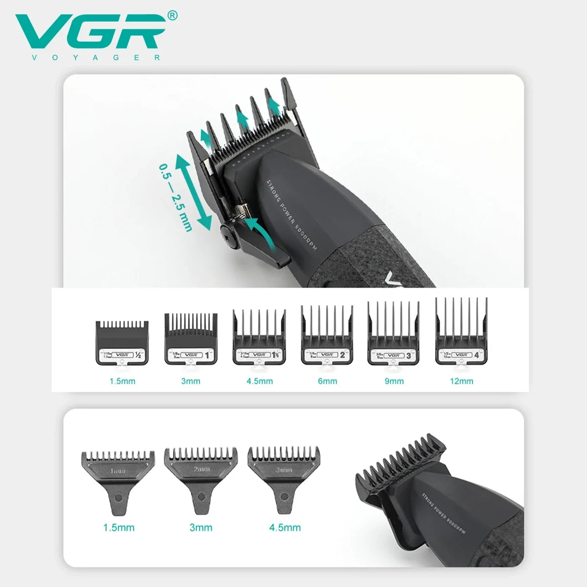 VGR Hair Clippers Professional Barber Clippers Adjustable Hair Cut