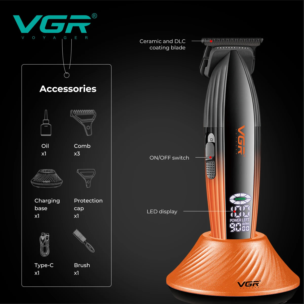 VGR high-end electric hair clipper 9000 RPM professional V-889T
