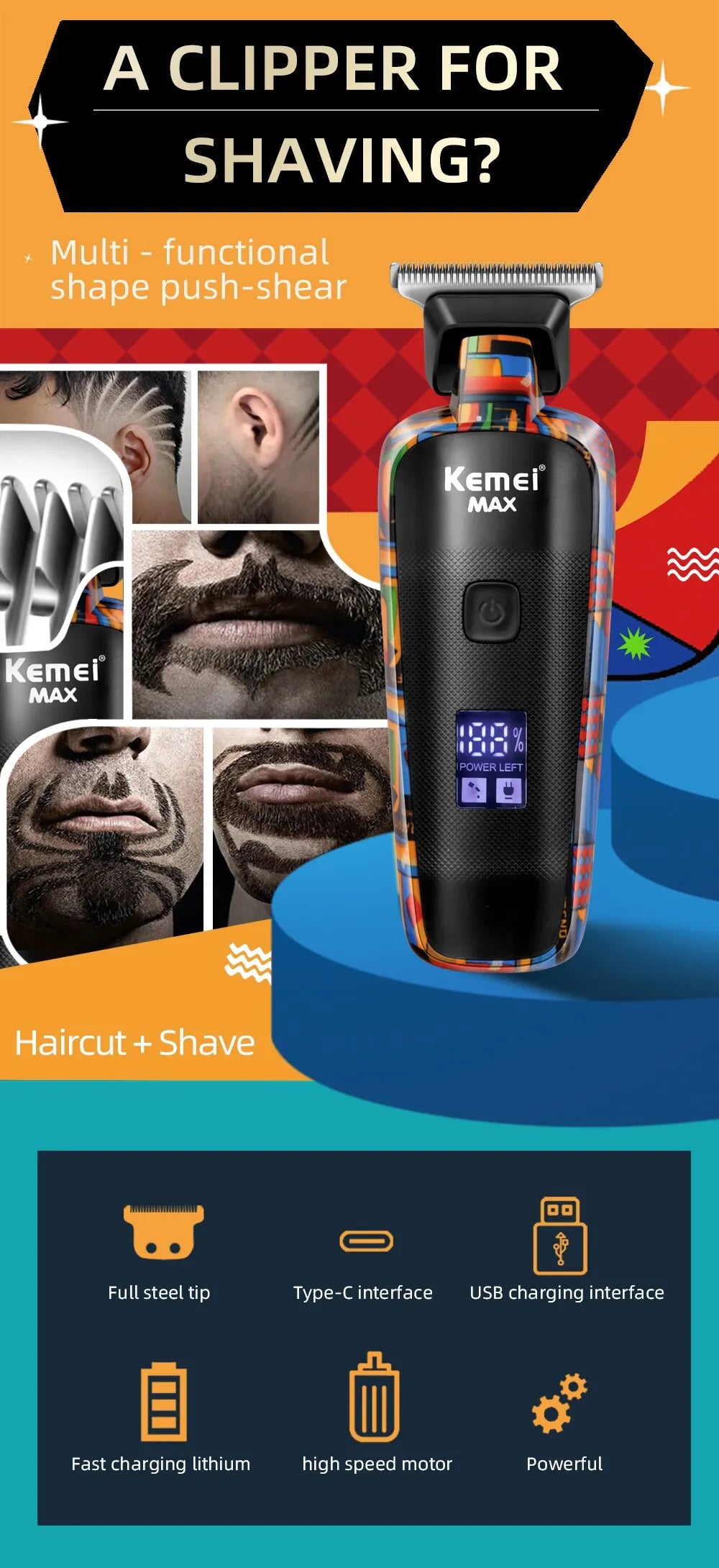Kemei Digital Display Professional Barber Pusher For Men