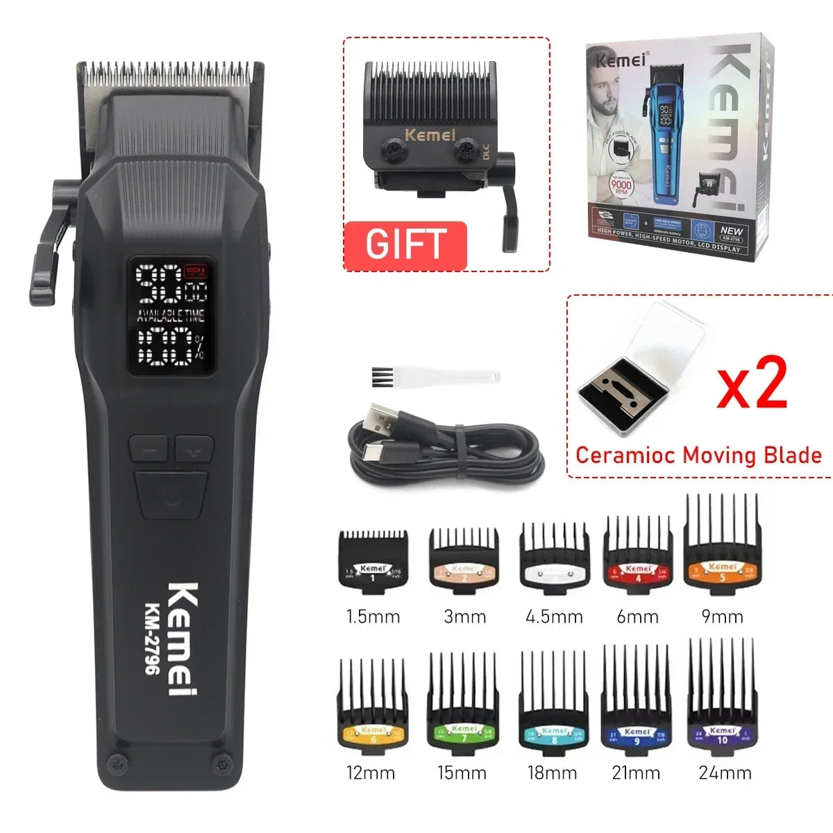 Kemei KM-2796 9000RPM Brushless Motor DLC Blade LCD Hair Cutting