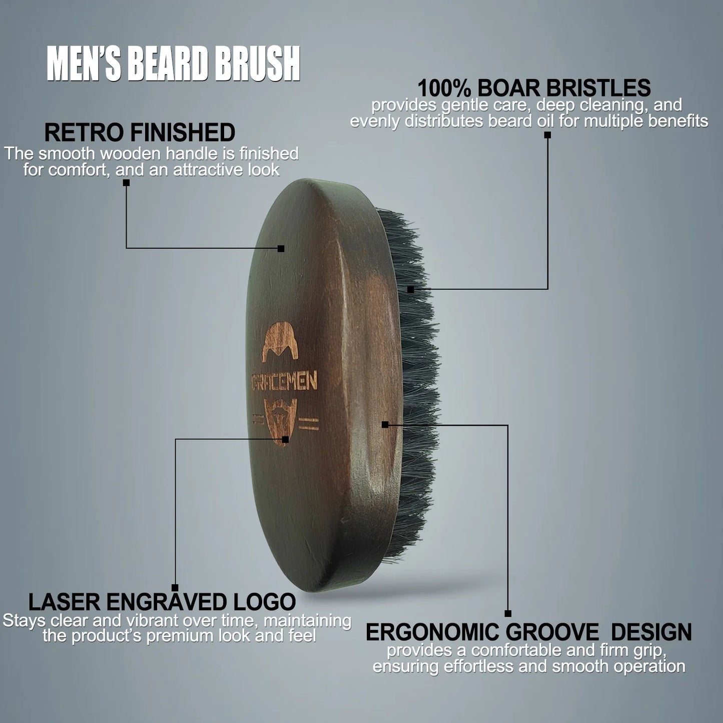 Premium Dark Retro Beard Brush Oval Facial Brush