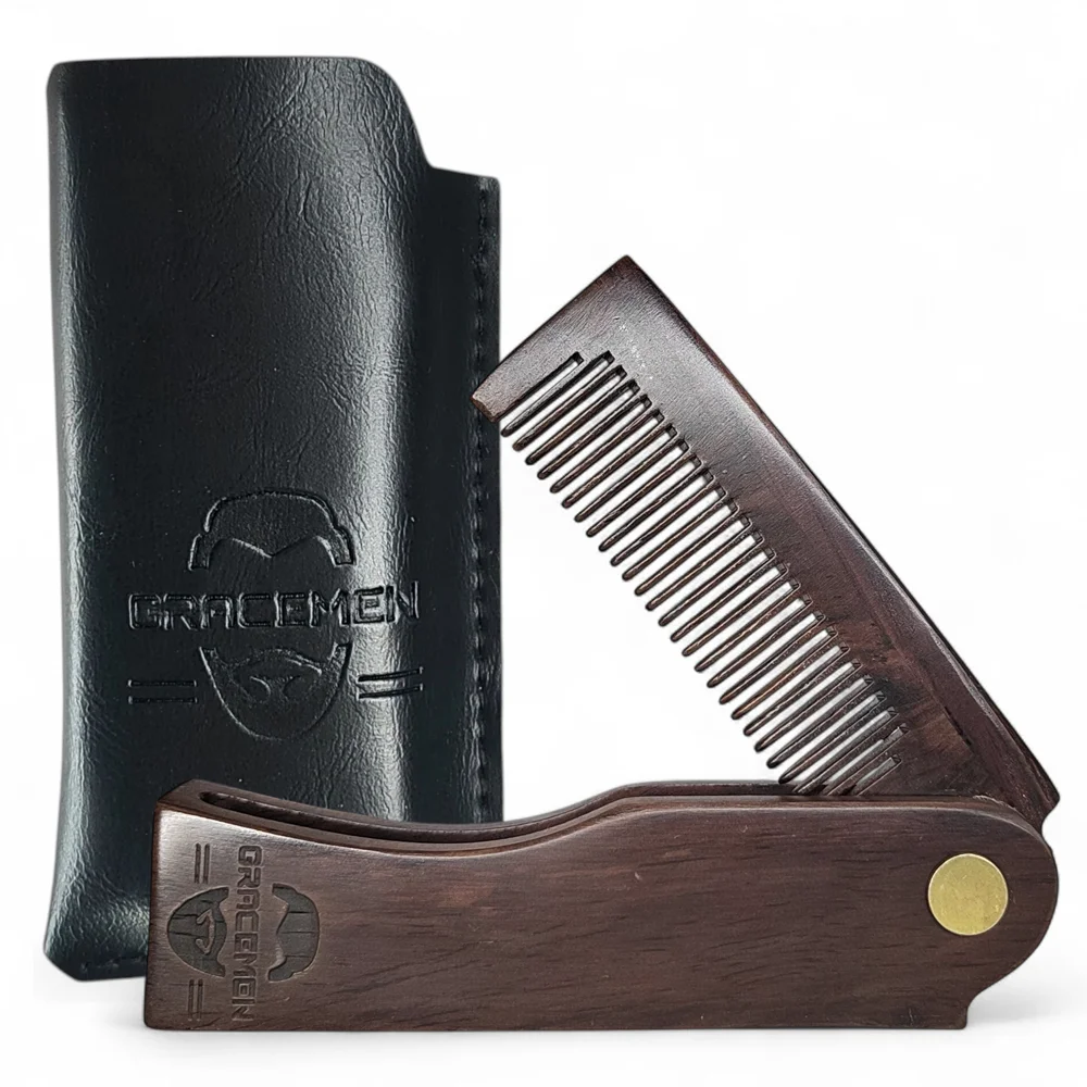 Foldable Comb with PU Case Natural Dark Sandalwood