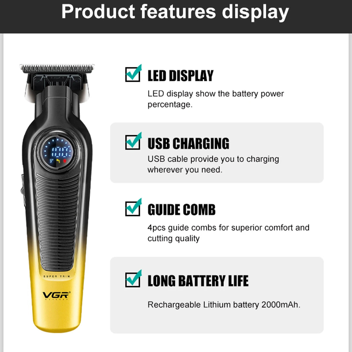 VGR Professional Barber Clippers Cordless Rechargeable V-996
