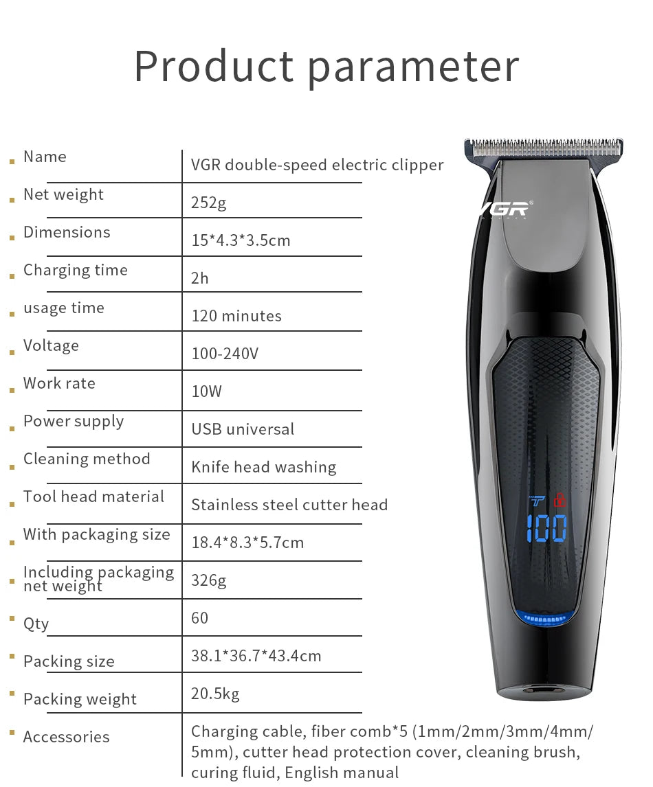 VGR Hair Trimmer Professional Hair Clipper LED Display V-070
