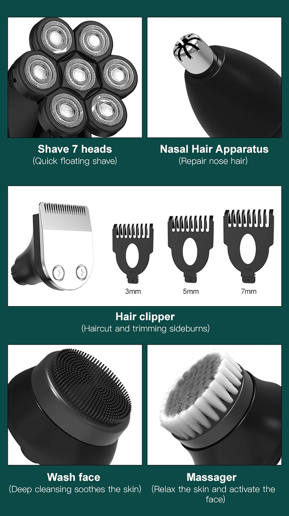 Kensen 5 in 1 Electric Shaver 7D Floating Cutter Head Rechargeable Shaver Kit