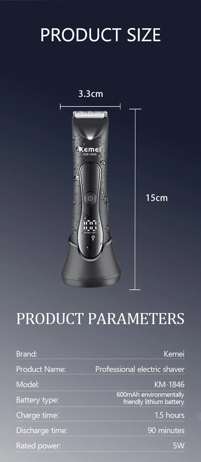 Kemei IPX7 Waterproof Hair Trimmer Shaver KM-1846